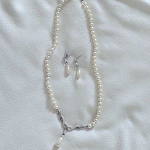 Sterling Silver Cubic Zirconia Pearl Costume Jewelry Necklace & Earrings Set NWT